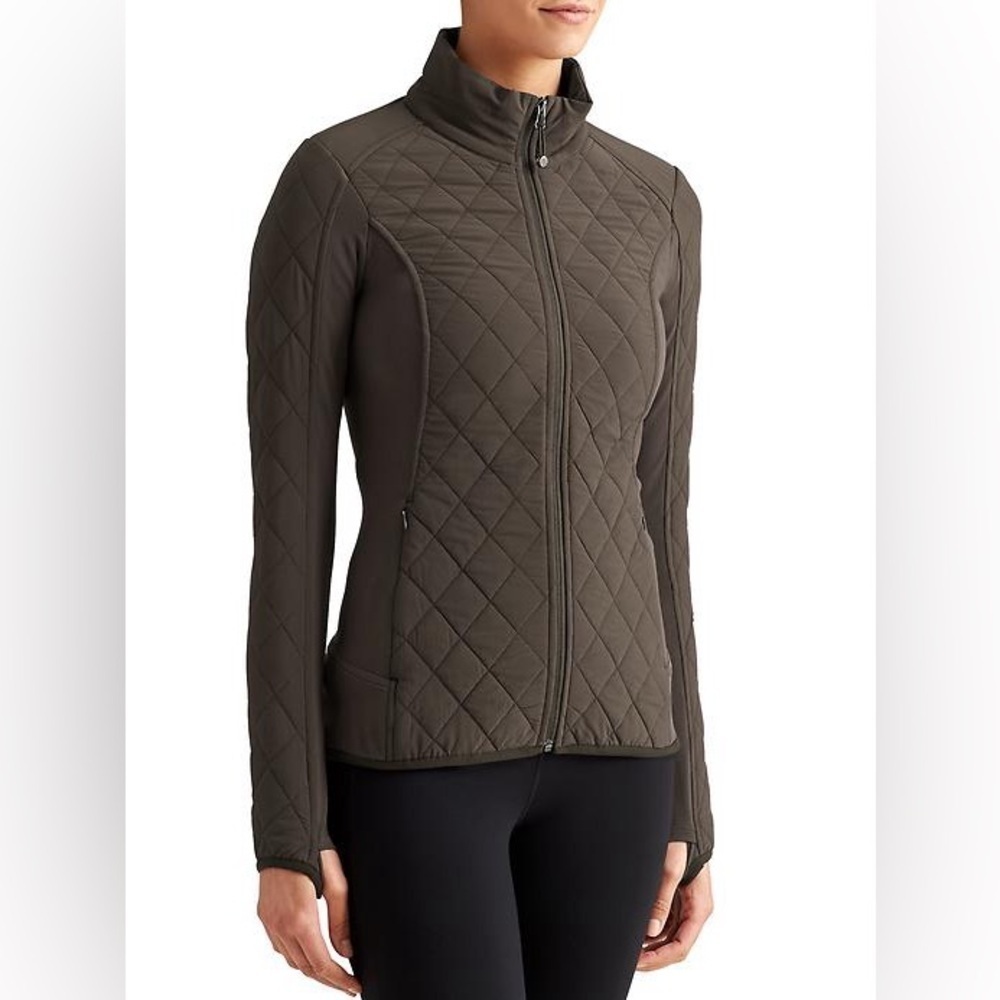 Athleta Women's Upside Quilted Long Sleeves Olive Green Jacket Full Zip XS (t)